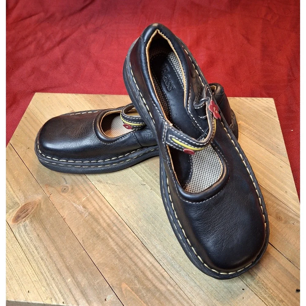 GH Bass Alena Girls Black Leather Mary Jane Flower Shoes Size 4.5 M